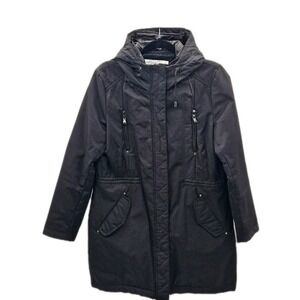 Kenneth Cole Black Hooded‎ Lined Coat Long Rain Winter Zip Up Parka Large